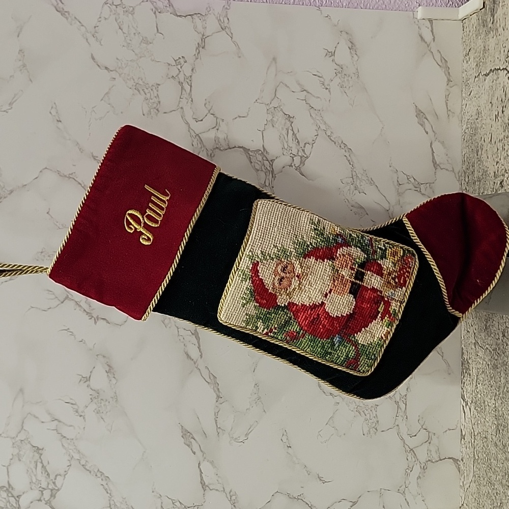 Vintage Lillian Vernon Santa Needlepoint stocking Paul